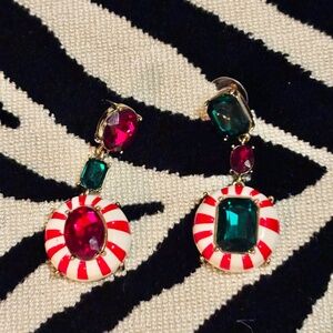 Betsy Johnson Holiday Earrings Red Striped/Green